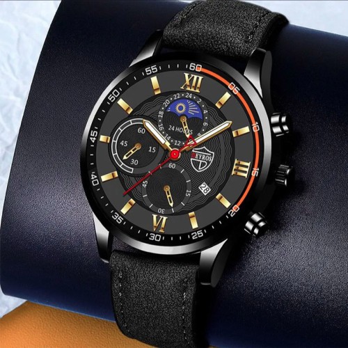 Мужские кварцевые наручные часы со светящимися стрелками в комплекте с плетеным кожаным браслетом-3