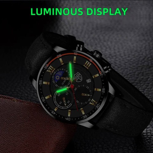 Мужские кварцевые наручные часы со светящимися стрелками в комплекте с плетеным кожаным браслетом-2