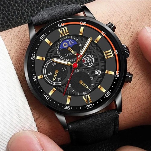 Мужские кварцевые наручные часы со светящимися стрелками в комплекте с плетеным кожаным браслетом