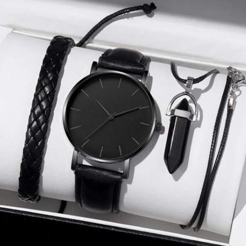Комплект мужские кварцевые часы, плетеный браслет и кулон