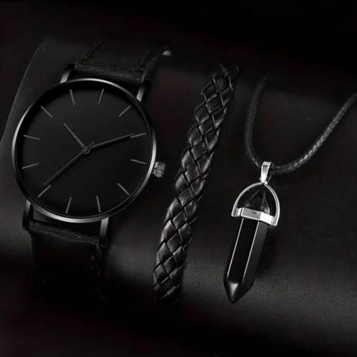 Комплект мужские кварцевые часы, плетеный браслет и кулон-2