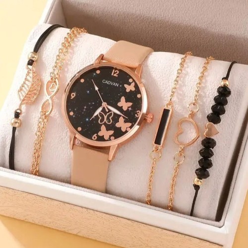 Подарочный набор. Кварцевые наручные часы и браслет 5 шт с искусственными черными вставками-4